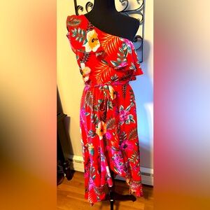 Francesca's Collections Red Floral One-Shoulder Dress
